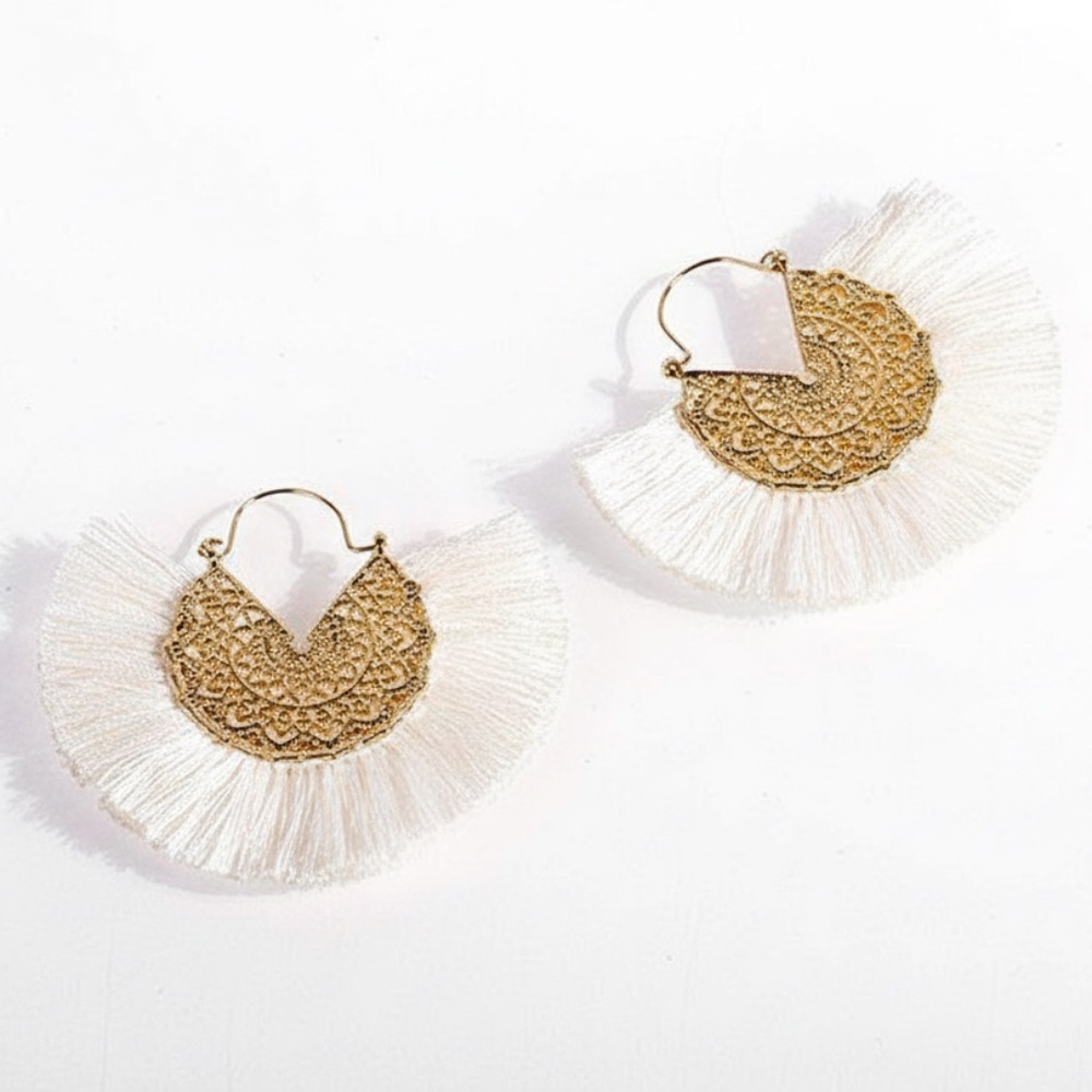 Womens Boho Fringe Tassel Earrings Off White‎